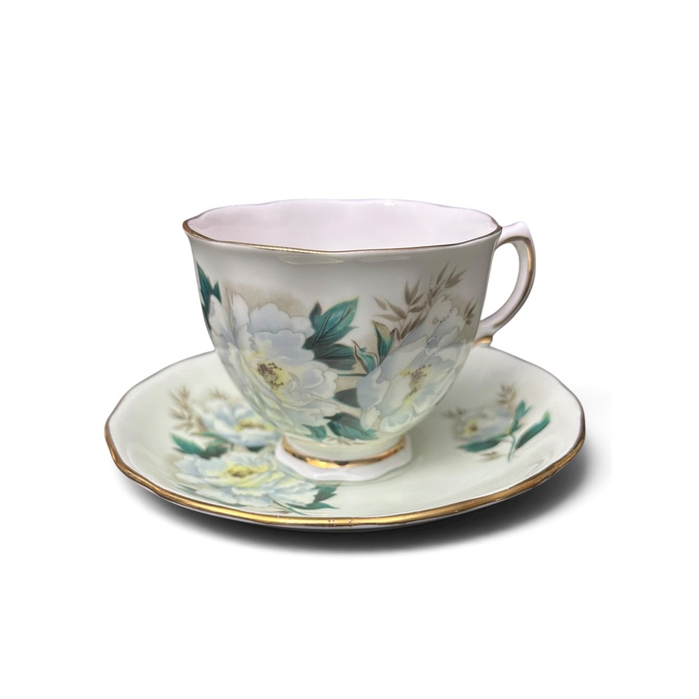 1960s Colclough Bone China Teacup Saucer Mint Green White Peony Rose 7998